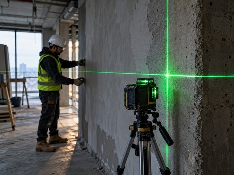 Contractor using green laser level to align interior wall during renovation