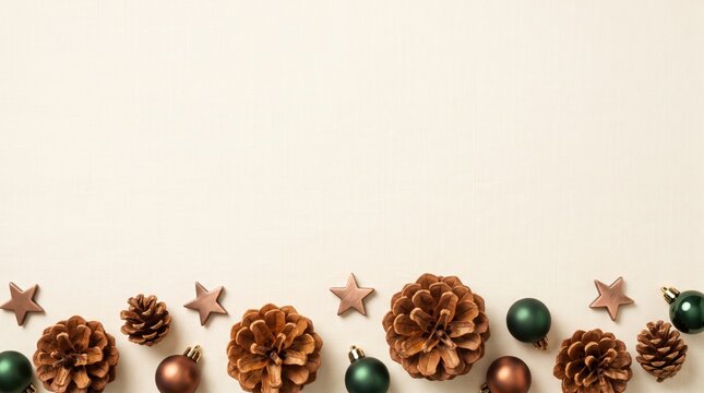 Rustic pine cones with copper stars and dark green baubles arranged along the bottom edge of a cream linen background, a festive flat lay Christmas banner with copy space