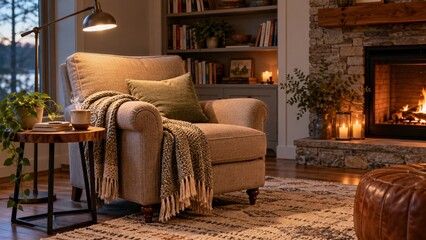 Naklejka premium Comfortable reading chair with coffee beside a warmly glowing fireplace