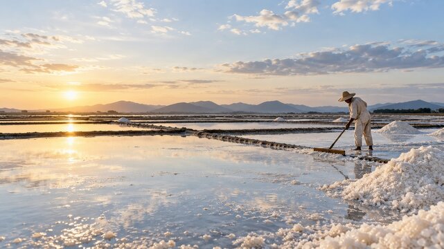 Salt worker gathering white crystals across reflective coastal salt pans