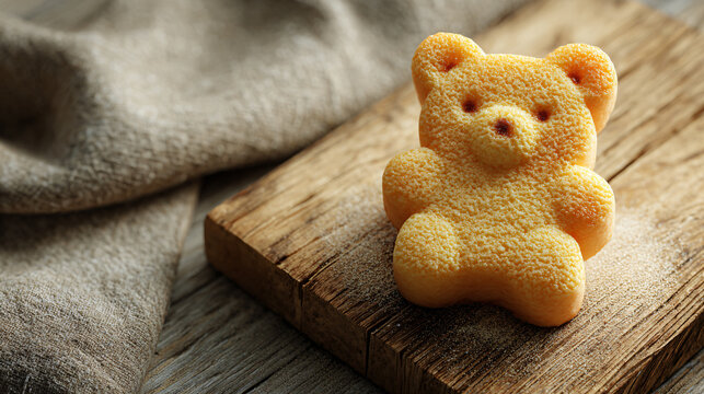 Teddy bear shaped sponge cake sits resting on a rustic wooden board next to a folded cloth napkin.