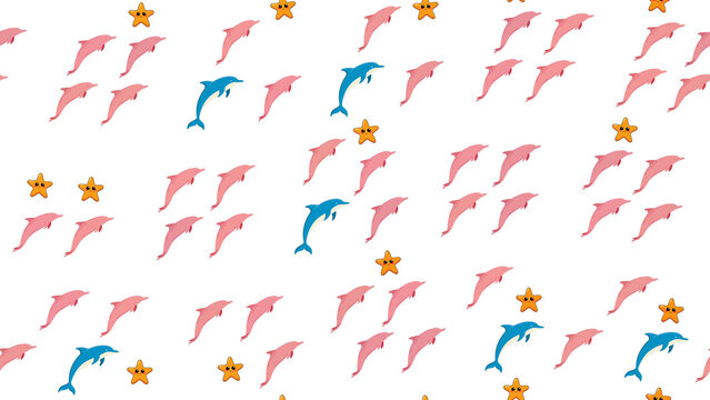 Cute Cartoon Dolphins and Starfish Seamless Pattern