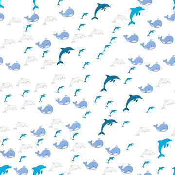 Seamless pattern of cartoon dolphins and whales