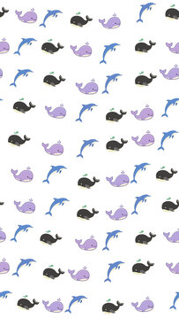 Seamless pattern of cartoon whales and dolphins