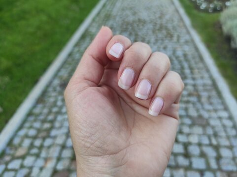 Close up of woman hand with elegant natural French manicure. Female fingers with neat clean fingernails on blurred background of cobblestone walkway in the park. Beauty, body care and lifestyle concep