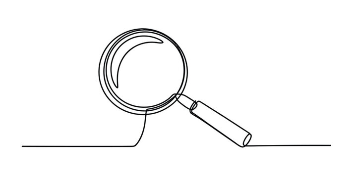 Continuous single line drawing of a magnifying glass tool for searching and finding hidden information