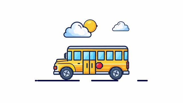 School Bus Driving Under Cloudy Sky Animation on Transparent Alpha Channel
