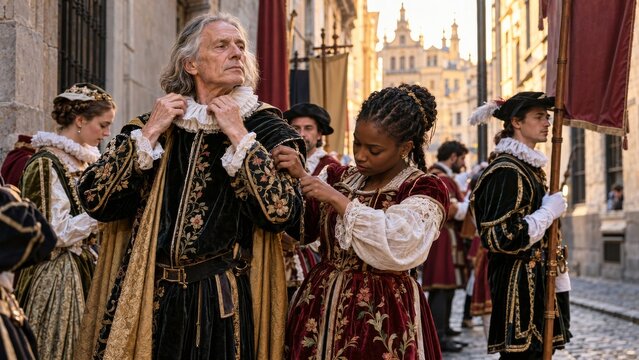 Historical Reenactors Adjusting Embroidered Velvet Costumes Before Parade