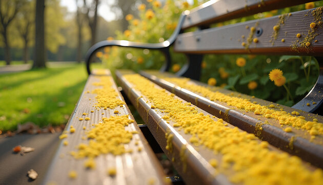 Yellow pollen on wooden bench surface, allergic rhinitis triggers during bloom period, high allergens level environment risk, hay fever activation season, clean graphic space for promotion