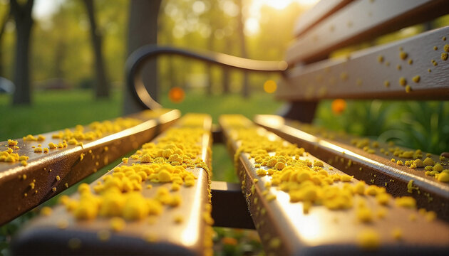 Yellow pollen on wooden bench surface, allergic rhinitis triggers during bloom period, high allergens level environment risk, hay fever activation season, clean graphic space for promotion