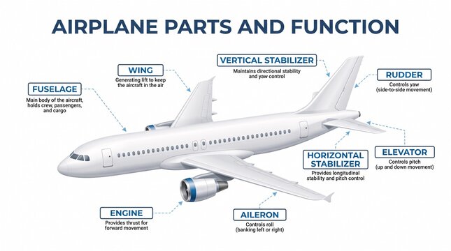 Commercial airplane parts and functions infographic diagram