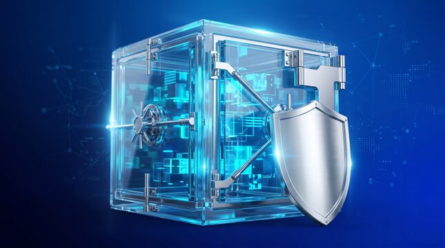 Cyber Security Concept with Transparent Glass Safe Box and Shield Protection