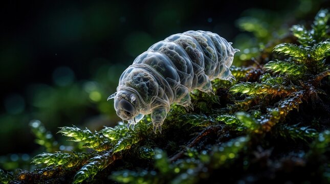 Microscopic transparent tardigrade crawls on wet green moss. Tiny water bear moves through damp forest ecosystem in dark macro environment. Small invertebrate organism shows detailed anatomy, legs,