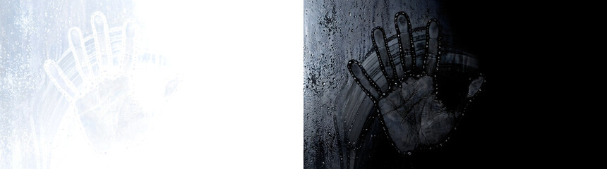 Fototapeta premium Handprint on foggy window with water droplets for horror and moody art in PNG, Transparent and Black Background Versions