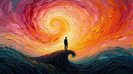 Fototapeta premium Abstract oil painting shows silhouette of man standing on huge ocean wave. Vibrant swirling sky with orange sun, colorful clouds above dark blue sea. Surreal landscape emotional journey, spiritual