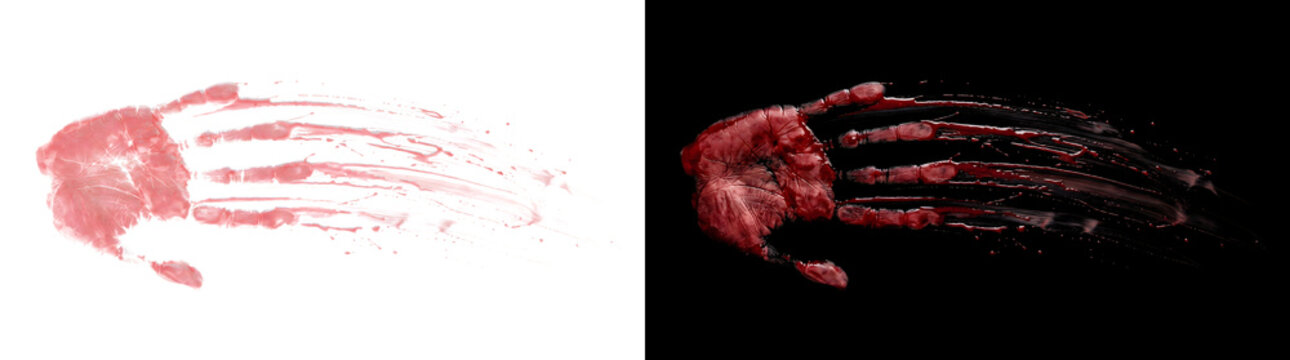 Bloody handprint dragged sideways with finger streaks for horror and crime art in PNG, Transparent and Black Background Versions