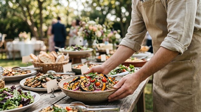 Caterer Serving Fresh Gourmet Food on Outdoor Buffet Table