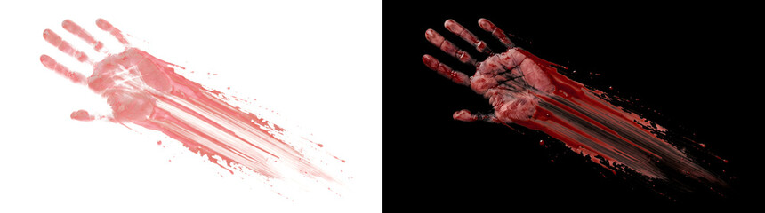 Bloody handprint with long diagonal streaks and fine splatter in PNG, Transparent and Black Background Versions for horror designs © Tanay