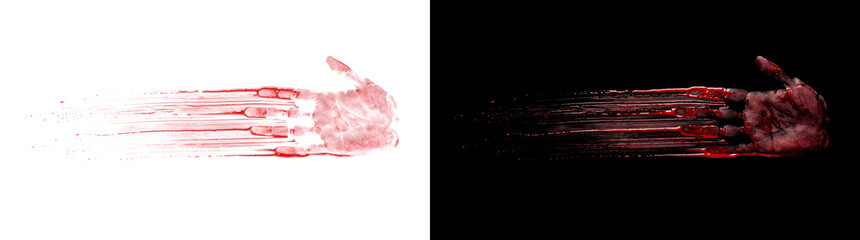 Bloody handprint dragged sideways with long horizontal streaks and tiny splatter in PNG, Transparent and Black Background Versions for horror designs © Tanay