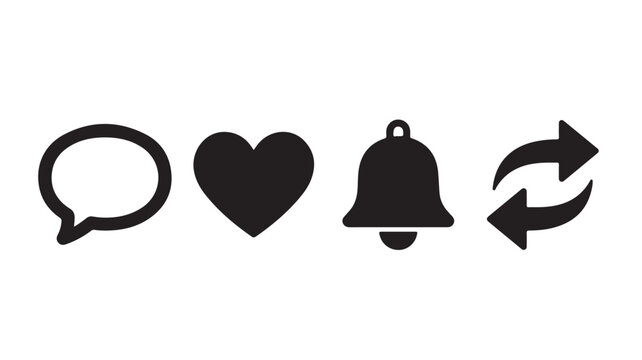 Minimalist black vector graphic illustration featuring social media interaction icons including speech bubble heart bell and repost symbols