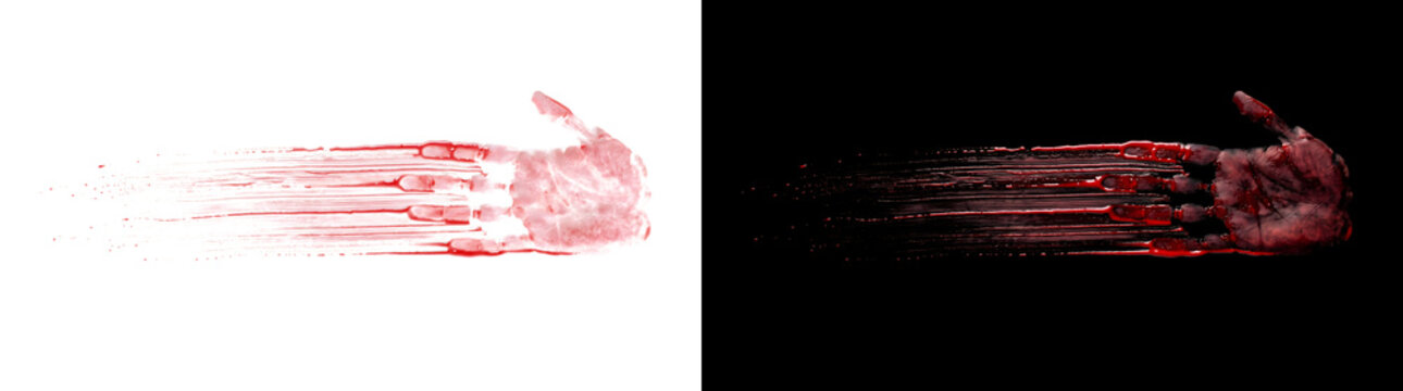 Bloody handprint dragged sideways with long horizontal streaks and tiny splatter in PNG, Transparent and Black Background Versions for horror designs