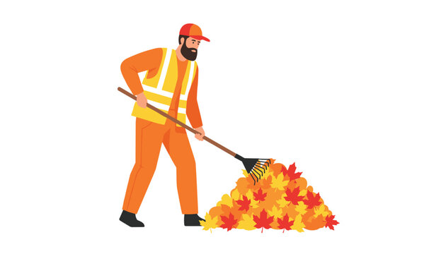 Bearded groundskeeper wearing a yellow safety vest and orange jumpsuit raking a large pile of autumn leaves outdoors.