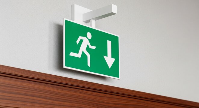Green emergency exit sign with running person and down arrow on wall