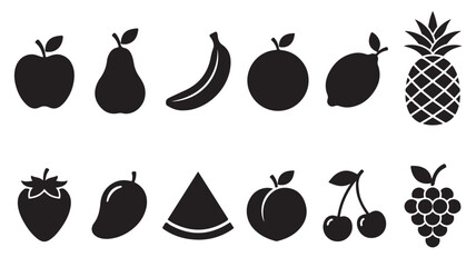 Fototapeta premium Black silhouette vector graphic illustration set of various delicious fresh fruits including apple pear banana orange pineapple strawberry