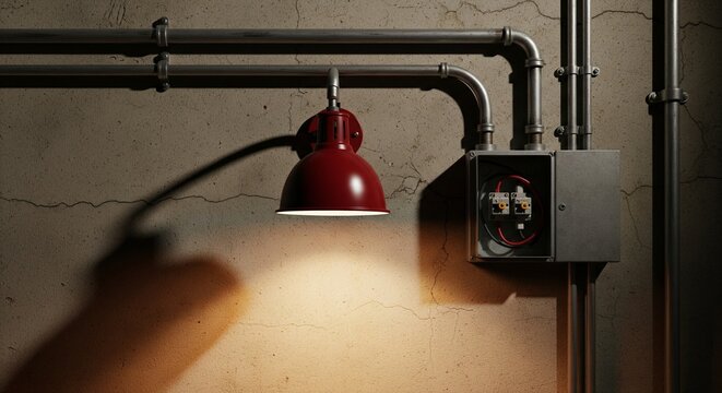 Red industrial wall lamp and open junction box on cracked concrete
