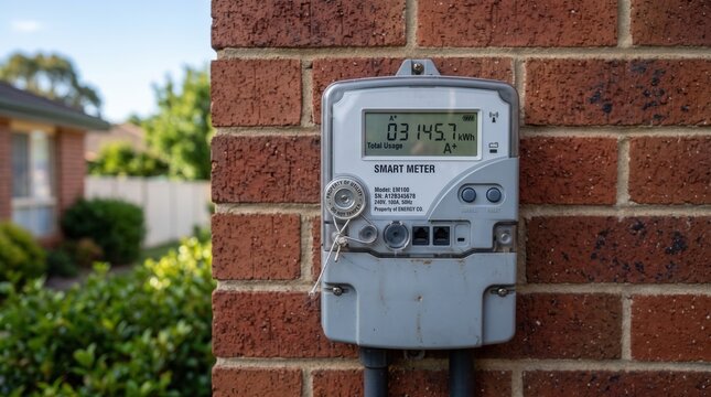 Digital smart electricity meter mounted on a clean exterior brick wall showing numerical readout and sealed utility ports