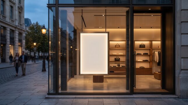 Sleek glass front retail store window featuring a clean illuminated promotional panel display with warm interior lighting and street view reflections