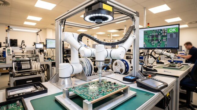 Collaborative robotic arm placing surface mount components on a circuit board with an overhead machine vision camera for alignment