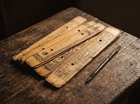 Ancient Palm Leaf Manuscript: A collection of weathered palm leaf manuscripts, inscribed with ancient text and adorned with intricate patterns, lies on a rustic wooden surface.