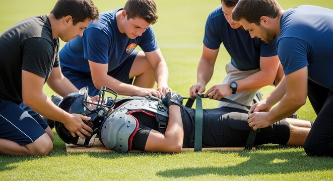 Football player secured to a backboard on the field after an injury