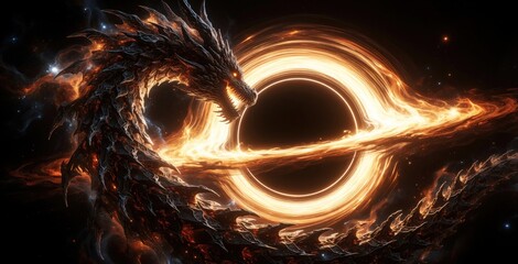 Fototapeta premium Fantasy dragon meets black hole in deep cosmos. Massive mythical creature flies through glowing space nebula near celestial singularity. Dark dragon with fiery scales orbits bright ring of light in