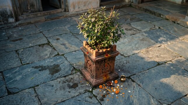 Holy Basil Plant (Tulsi) in Courtyard: A sacred Tulsi plant, revered in Hindu tradition, sits in a decorative pot in a stone-paved courtyard, adorned with marigold flowers and diyas.