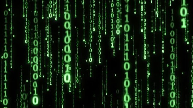 Glowing Green Binary Code Falling Down Screen Digital Data Stream for Cyber Security and Technology Concept