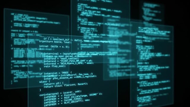 Futuristic Blue Computer Code Scrolling on Multiple Transparent Layers in Dark Digital Space
