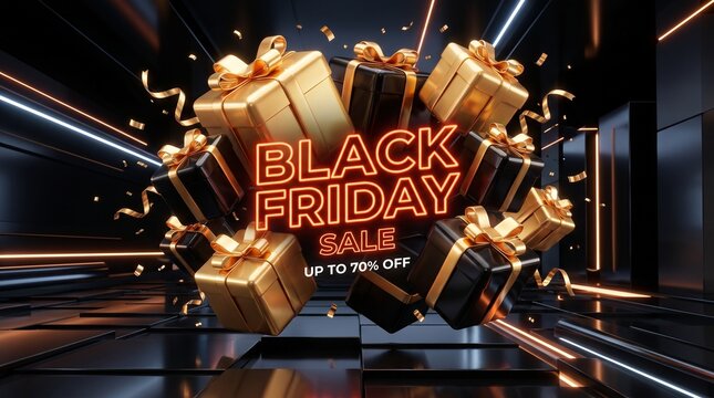 Black Friday sale advertisement with gift boxes and neon lights