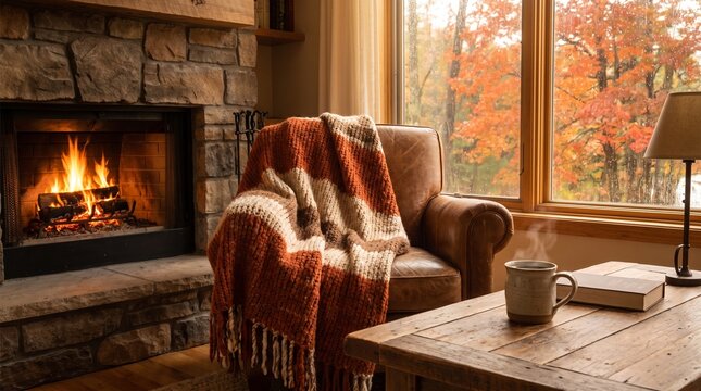 Cozy Autumn Living Room with Fireplace and Warm Blanket
