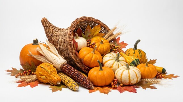 Autumn cornucopia with pumpkins and gourds on white background