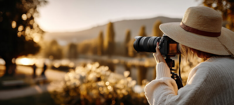 Woman in straw hat photographing a sunlit lakeside view