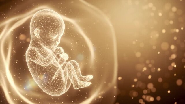3D Polygonal AI Fetus in Golden Fluid IVF Fertility Tech