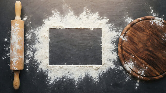 Baking Concept Background with Flour Frame Rolling Pin and Wooden Board on Dark Table