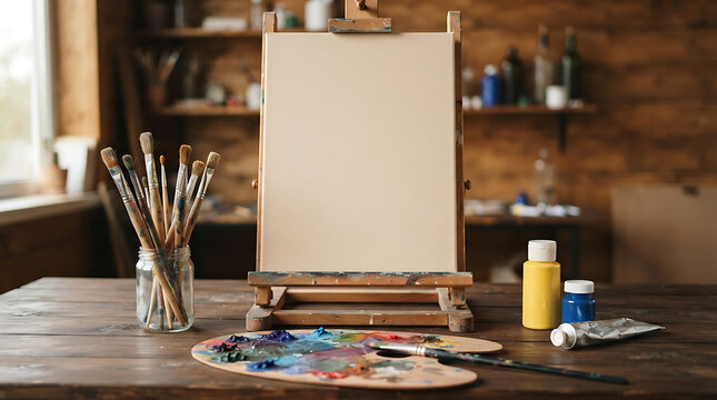 Blank Canvas Mockup on Wooden Easel with Paint Palette and Brushes in Art Studio