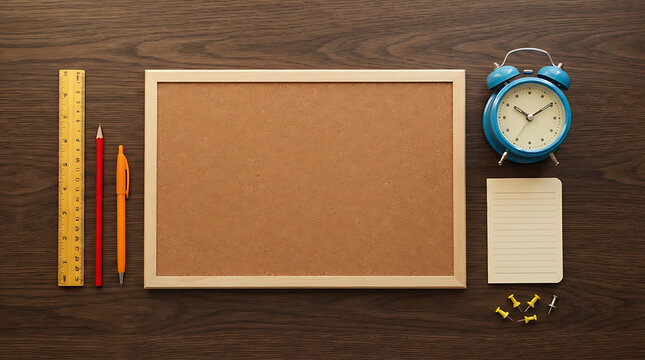 Neatly arranged school and office supplies flat lay with blank cork board on a dark wooden background for education concepts