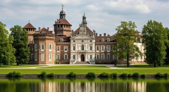 Historic Castle Reflected in Calm Water with Green Gardens.