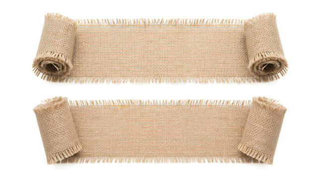 Rustic burlap fabric banners with rolled ends, natural textured material for design projects
