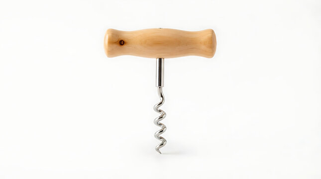 Classic T-Shaped Wine Corkscrew with Ergonomic Natural Wood Handle on White Background