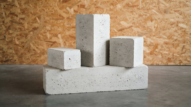 Stacked White Aerated Concrete Blocks with Plywood Background for Industrial Construction Industry